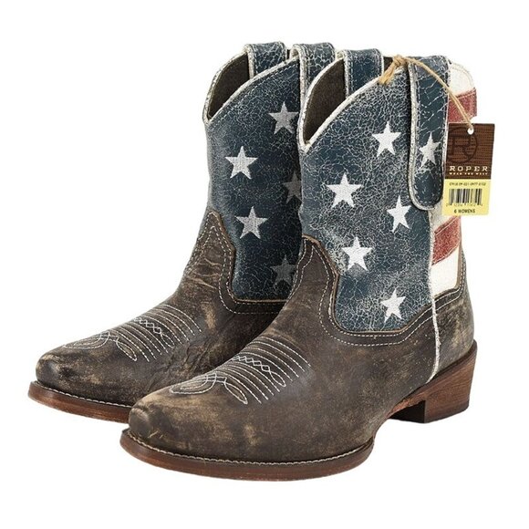 Roper Women's Brown American Flag Distressed Leather Western Ankle Boots Size 6 - Picture 1 of 4
